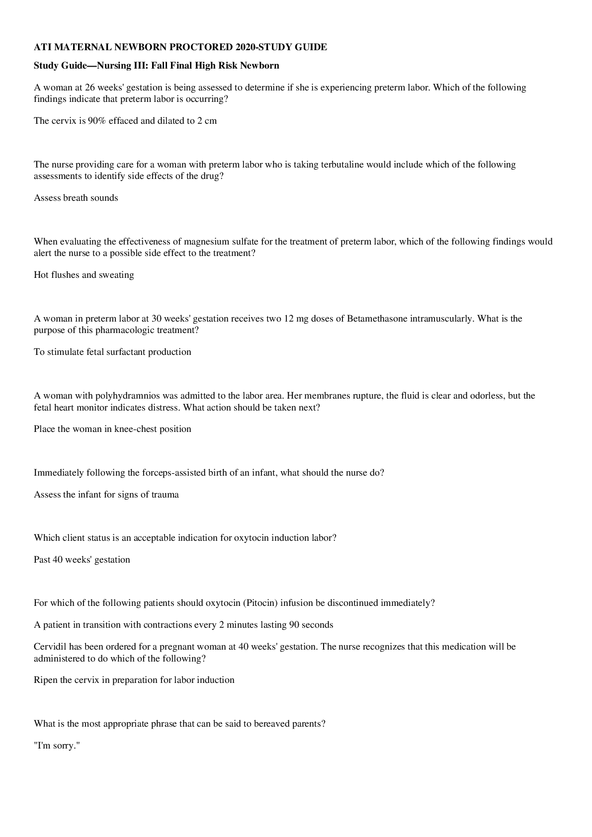 ATI MATERNAL NEWBORN PROCTORED 2020STUDY GUIDE Browsegrades